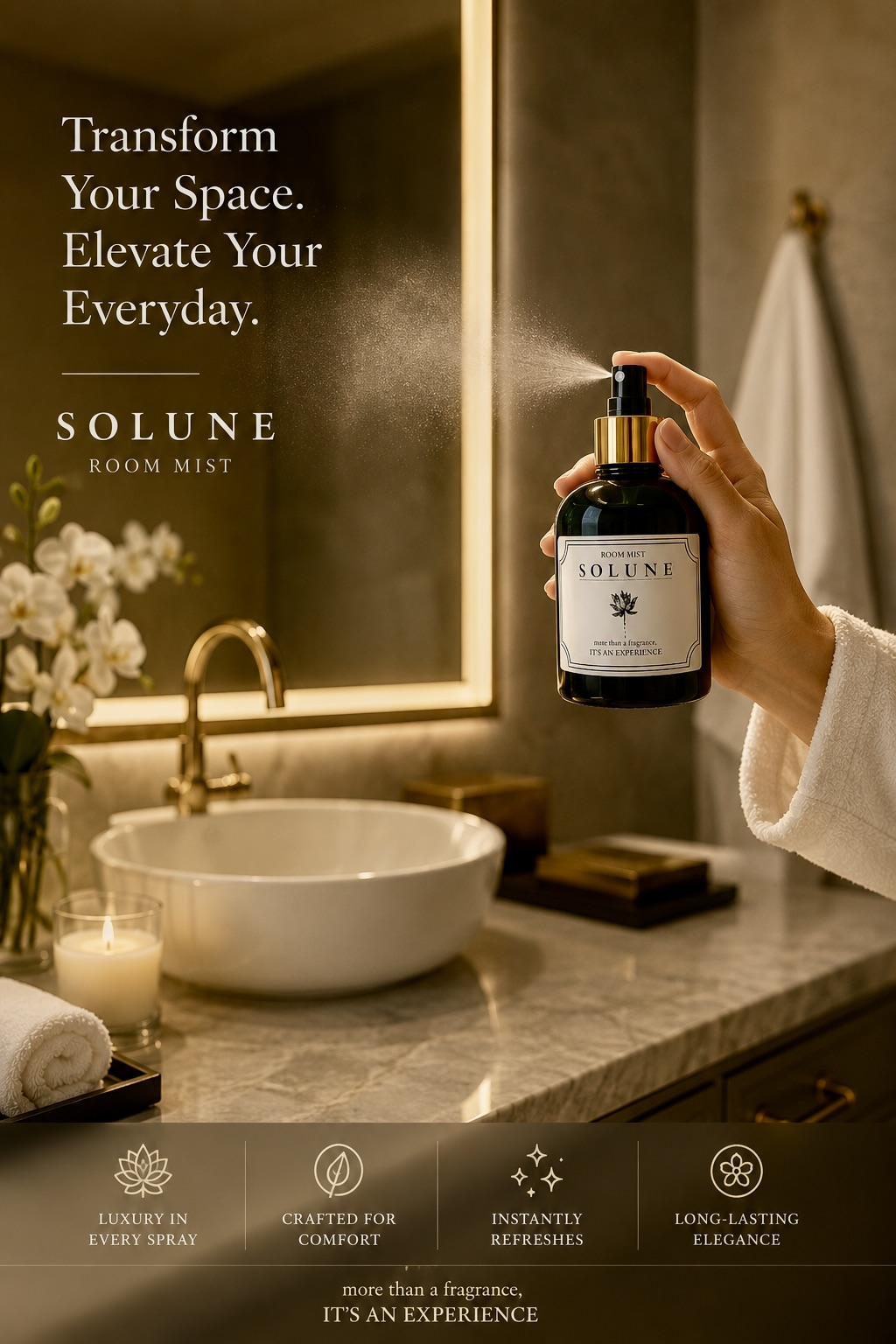 A hand spraying Solune room mist beside a marble basin in a softly lit bathroom
