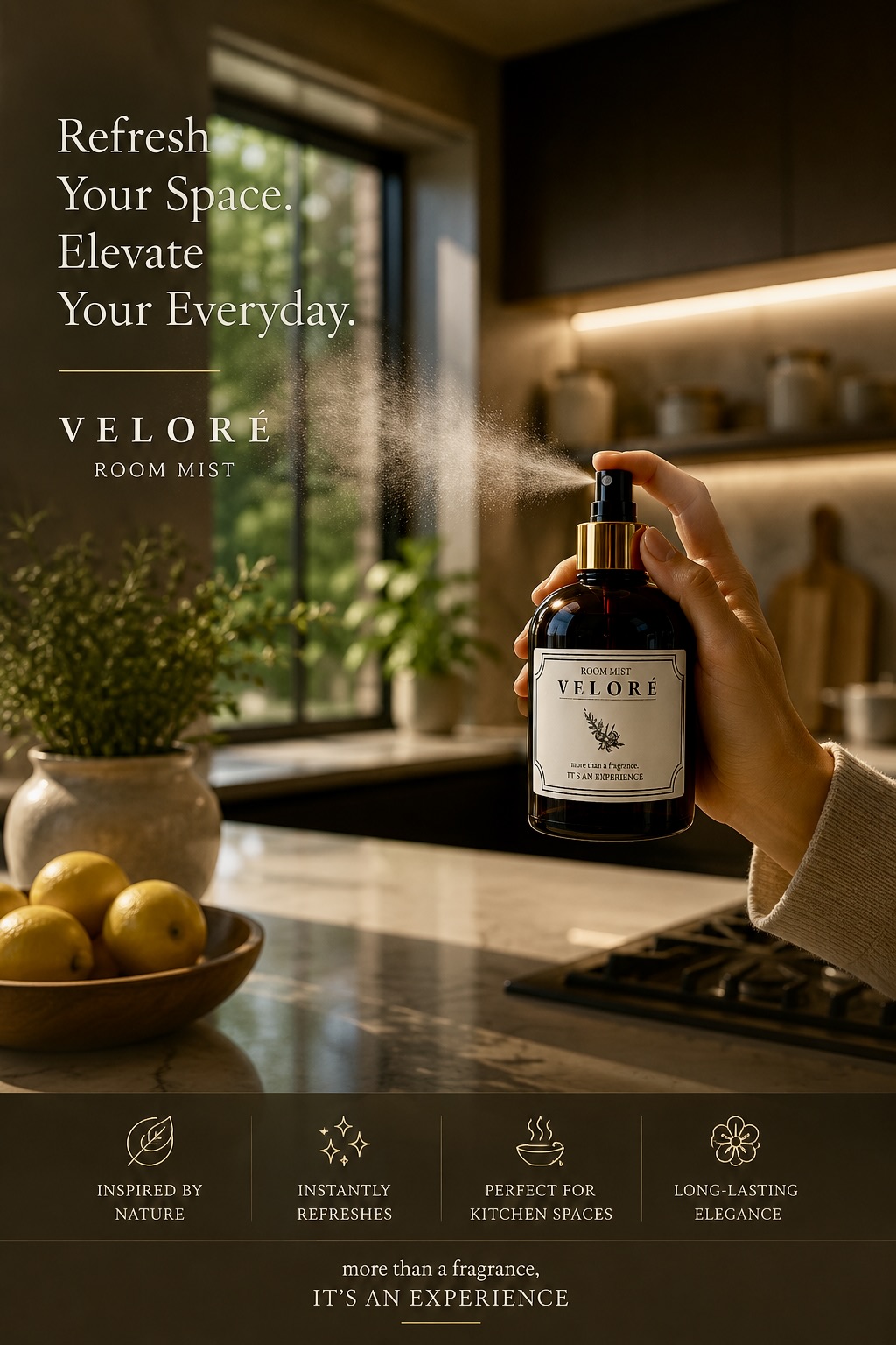 Veloré room mist being sprayed in a sunlit kitchen with lemons on the counter
