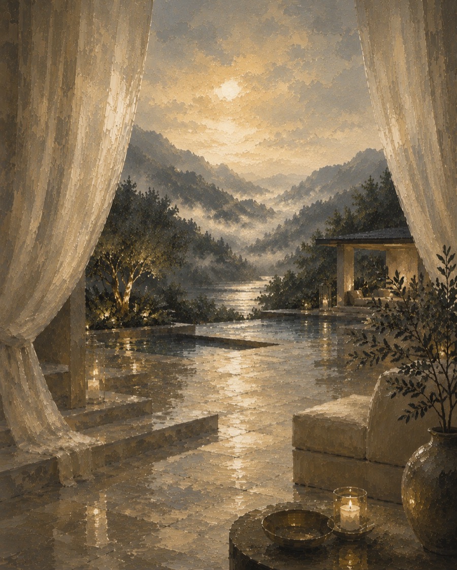 A painting of a candlelit terrace glowing gold after the rain, overlooking a misty river valley