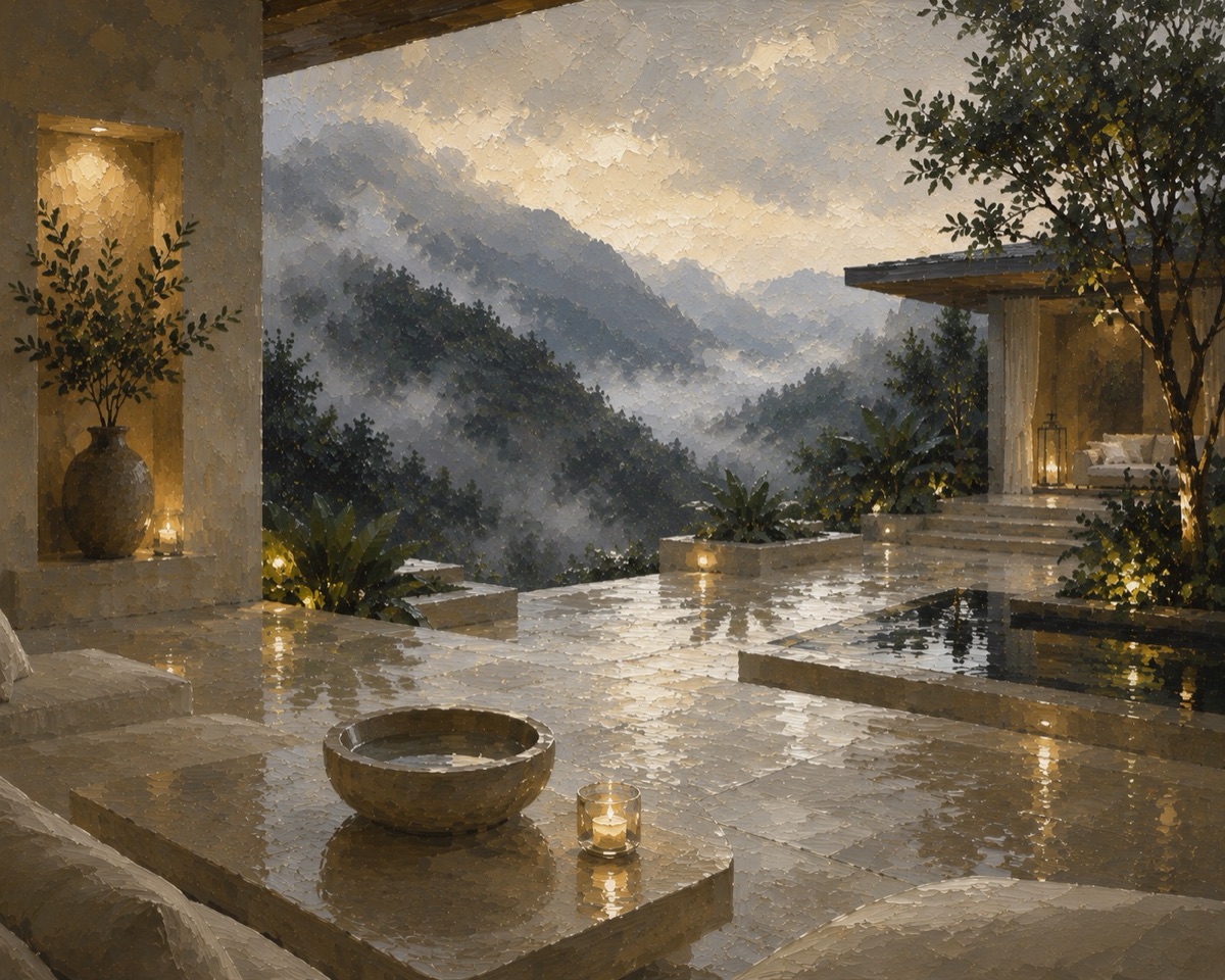 A painting of a candlelit terrace after the rain, overlooking misty forested mountains